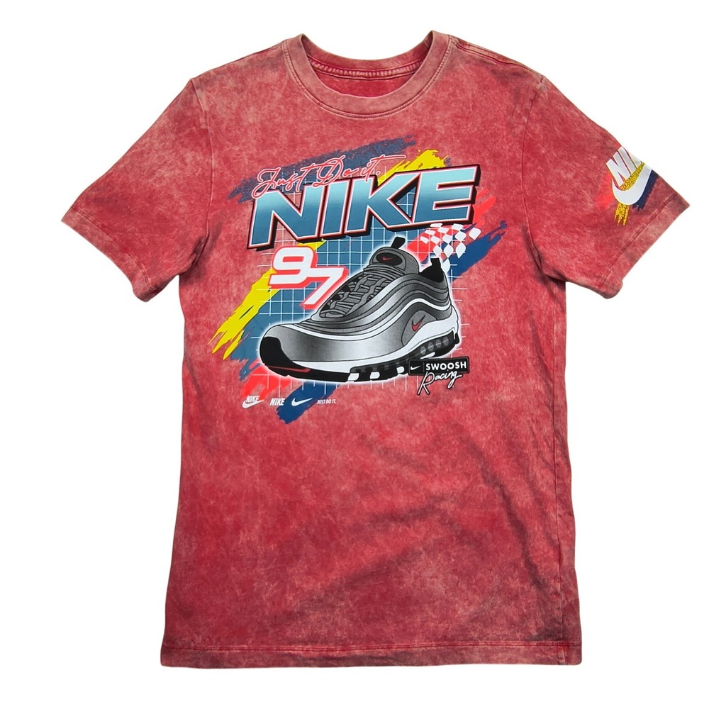 Nike‎ Mens Air Max 97 Swoosh Racing Graphic T-Shirt Red Acid Wash Small Nascar
